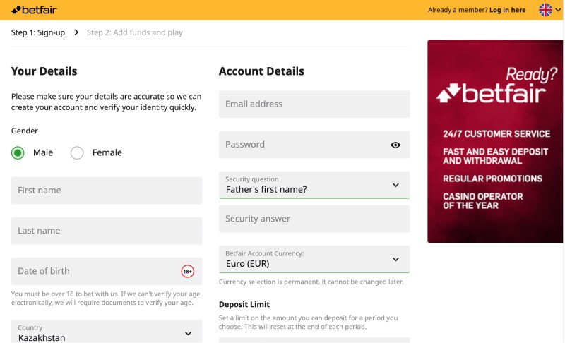 How do I sign up for Betfair online casino?